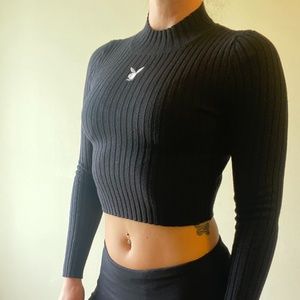 XS Playboy Black Ribbed Long Sleeve Crop top